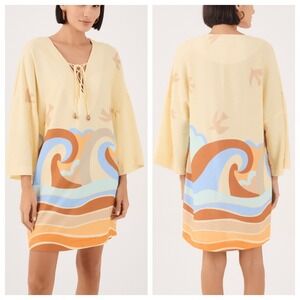 Dress To Linen Blend Lace Up Wave Graphic Tunic Top Cream Women Medium